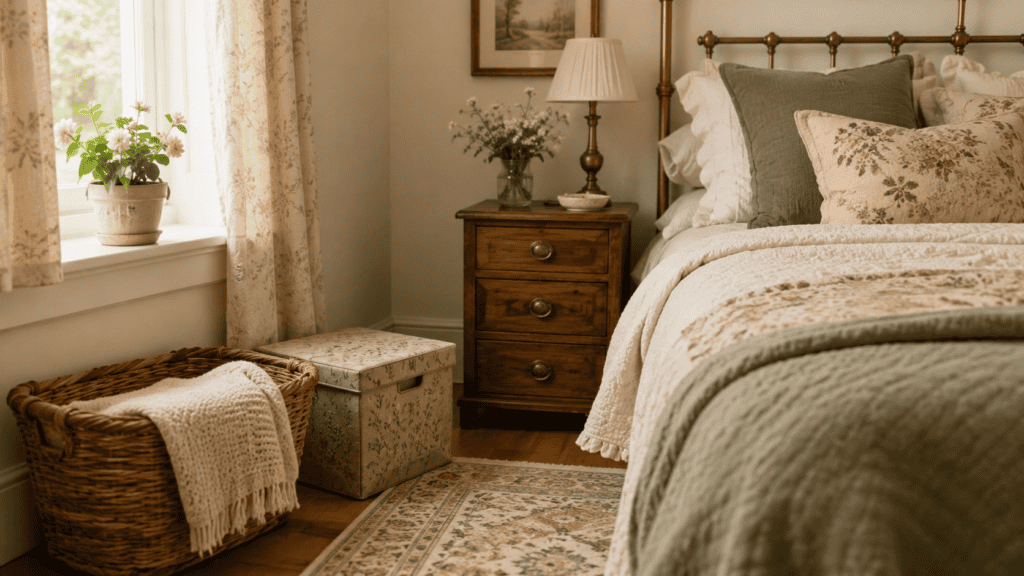 Small cozy vintage bedroom with a woven basket, folded blanket, fabric storage box, warm wood nightstand, layered bedding, and patterned rug.