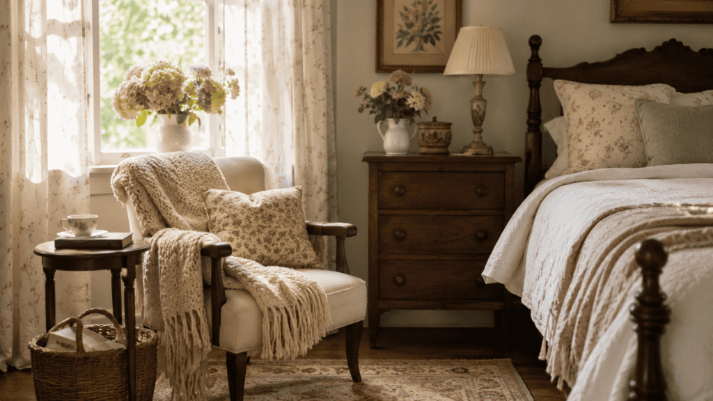 Small cozy vintage bedroom with a chair by the window, folded throw blanket, side table, flowers, warm wood furniture, and part of a made bed.
