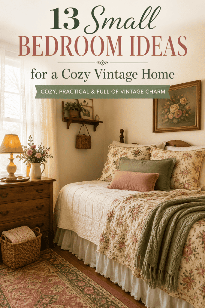 Pinterest pin for 13 small bedroom ideas featuring a cozy vintage bedroom with floral bedding, warm lighting, soft curtains, vintage furniture, and text overlay.