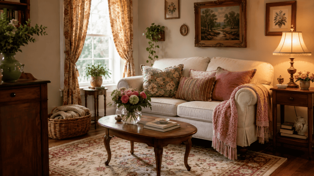 Small cozy vintage living room with a cream sofa, patterned rug, warm lamp light, floral curtains, and charming cottage-style decor.