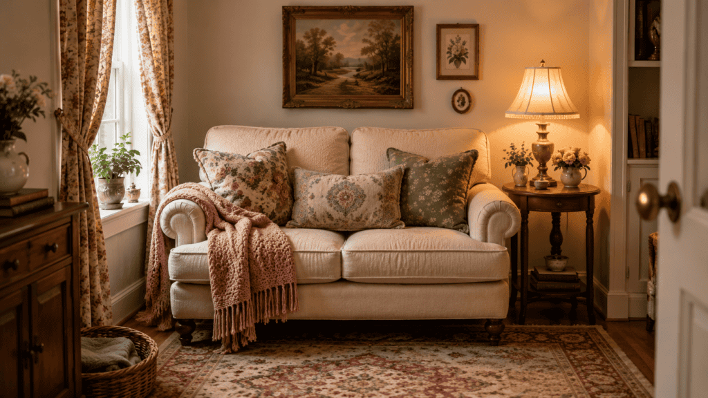 Small cozy vintage living room with a cream loveseat, layered pillows, soft floral curtains, warm lamp light, and a patterned rug.