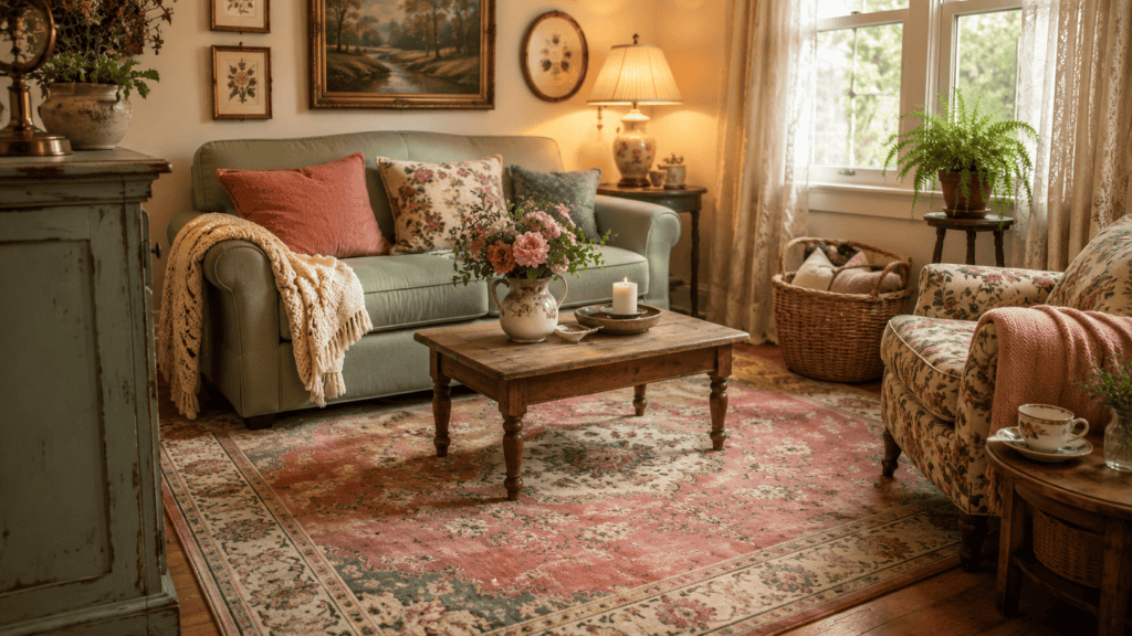 Small cozy vintage living room with a patterned rug in rose, cream, sage, and muted blue, a loveseat, wooden coffee table, warm lamp, and cottage-style decor.