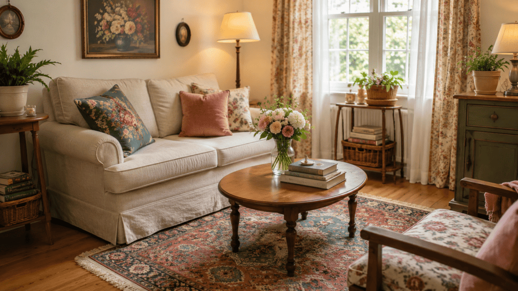 Small cozy vintage living room with a compact round wooden coffee table, cream sofa, patterned rug, soft curtains, warm lamp, and cottage-style decor.