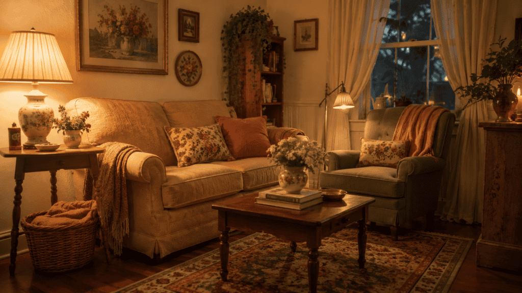 Small cozy vintage living room with warm evening lighting, a loveseat, glowing table lamp, reading lamp, patterned rug, soft curtains, and cottage-style decor.