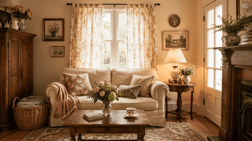 Small cozy vintage living room with floral curtains, a cream loveseat, warm lamp light, patterned rug, woven basket, and cottage-style decor.