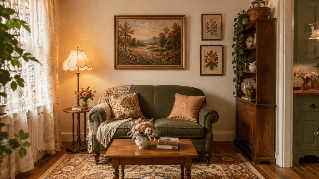 Small cozy vintage living room with framed landscape art, botanical wall decor, green loveseat, patterned rug, warm lamp, and wood accents.