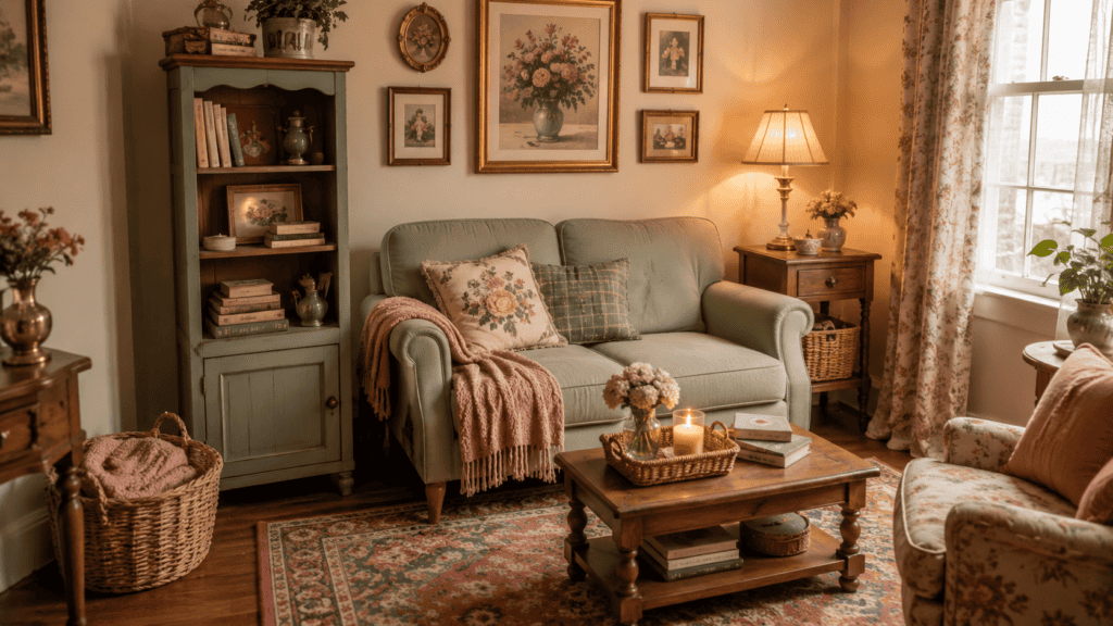 Small cozy vintage living room with a narrow storage cabinet, woven basket, folded blanket, sage loveseat, patterned rug, warm lamp, and framed art.