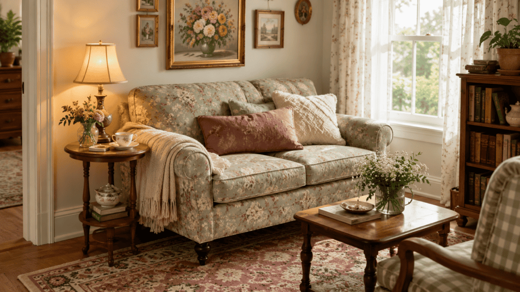 a floral loveseat, round wooden side table, warm lamp, teacup, patterned rug, soft curtains, and vintage wall art.