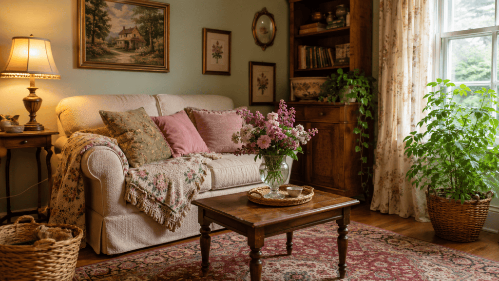 a vase of flowers, potted plant by the window, cream loveseat, patterned rug, warm lamp, and cottage-style decor.