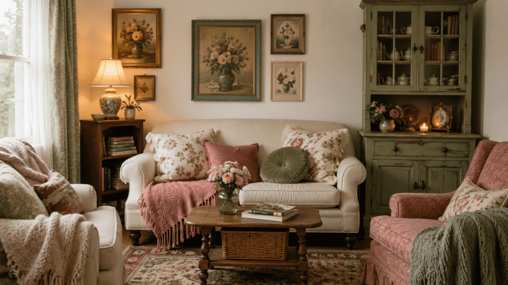 a soft color palette of cream, sage green, blush pink, faded red, dusty blue, warm wood tones, floral pillows, and framed art.