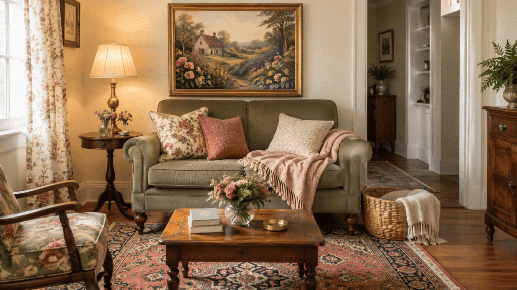 a sage loveseat under framed landscape art, soft pillows, pink throw, patterned rug, warm lamp, and woven basket.