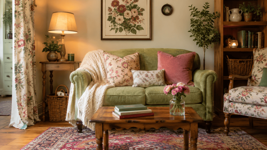 a green loveseat, floral pillows, folded throw, wooden coffee table, stacked books, vase of flowers, patterned rug, and collected cottage-style