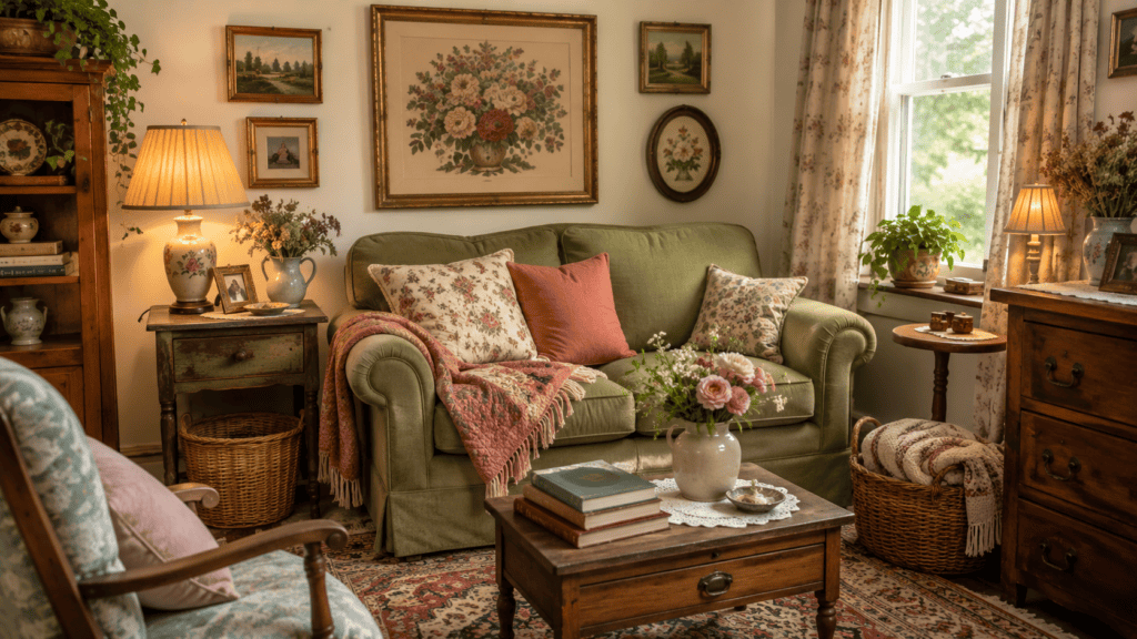 green loveseat, floral pillows, layered throws, vintage wall art, warm lamps, woven baskets, and cottage-style decor.