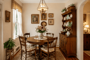 Small dining room ideas with a round vintage table, floral chairs, warm wood hutch, framed art, and cozy cottage style.