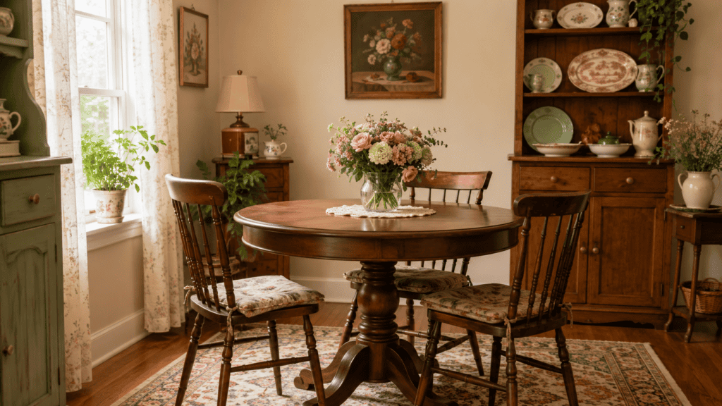 Small dining room ideas with a round wooden table, charming chairs, and cozy vintage cottage style.
