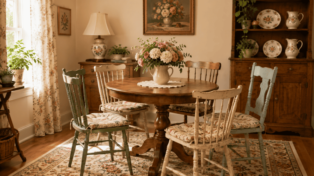 Small dining room ideas with vintage-style dining chairs, a cozy table setting, and collected cottage charm.