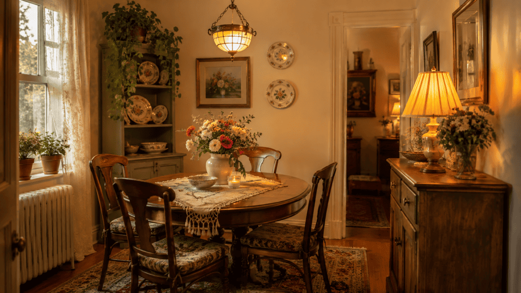 Small dining room ideas with warm lighting, a vintage-style chandelier, and a cozy dining table.