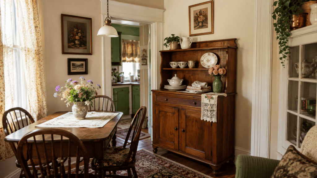 Small dining room ideas with a narrow vintage sideboard or hutch for cozy storage and display.