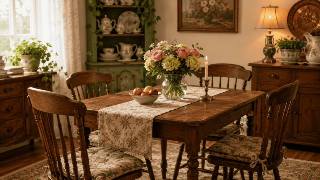 Small dining room ideas with simple table decor, flowers, and a cozy vintage dining setup.