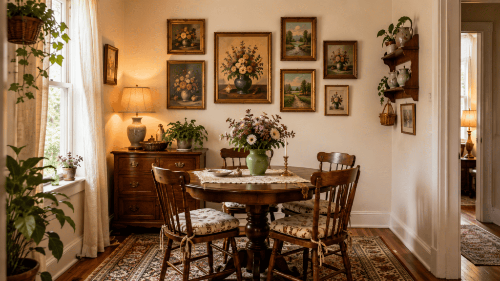 framed vintage wall art, a small dining table, and cottage-style charm.