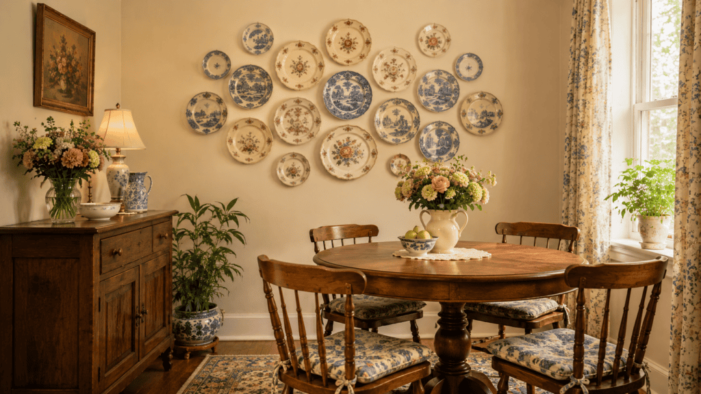 a vintage plate wall above a cozy dining table in a cottage-style space.