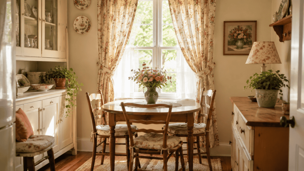 soft curtains, warm window light, and a cozy vintage dining corner.