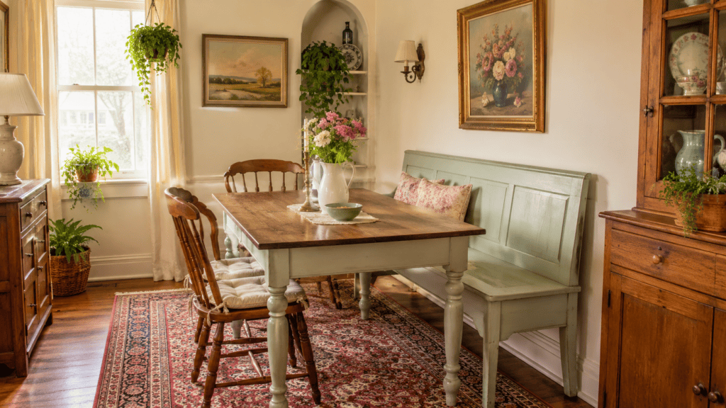 bench seating, a small dining table, and cozy vintage cottage decor.
