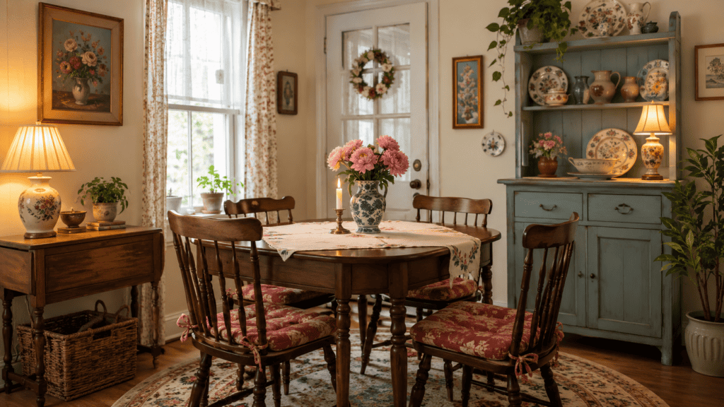 soft color details, vintage decor, and a cozy cottage-style dining space.