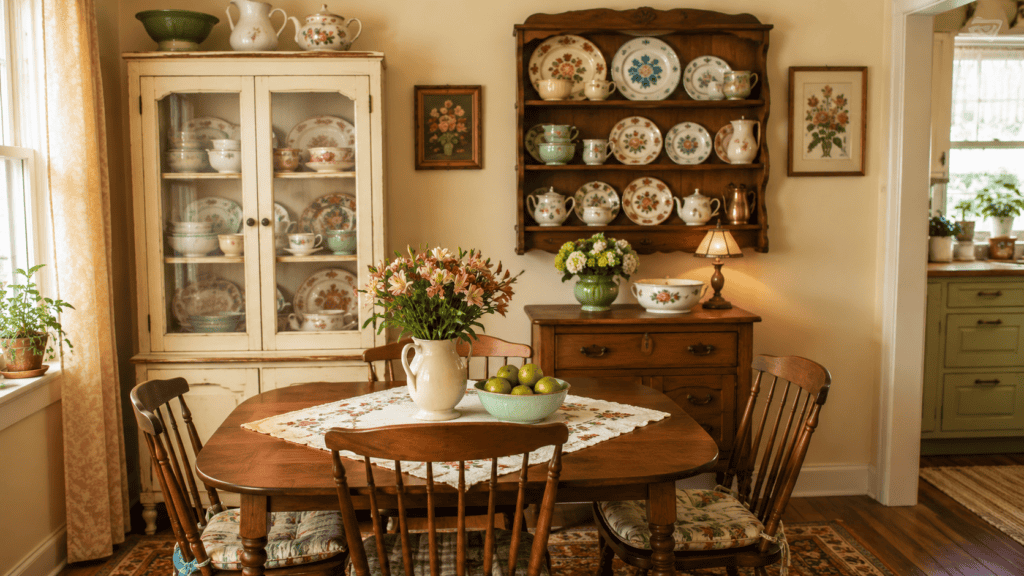 pretty everyday dishes displayed in a vintage hutch or glass-front cabinet.