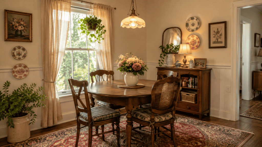 a finished cozy vintage dining room with warm wood, soft textiles, and cottage charm.