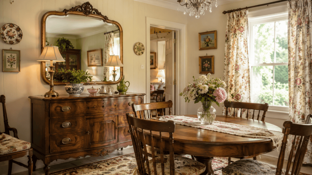 a pretty vintage mirror above a sideboard in a cozy cottage-style dining space.