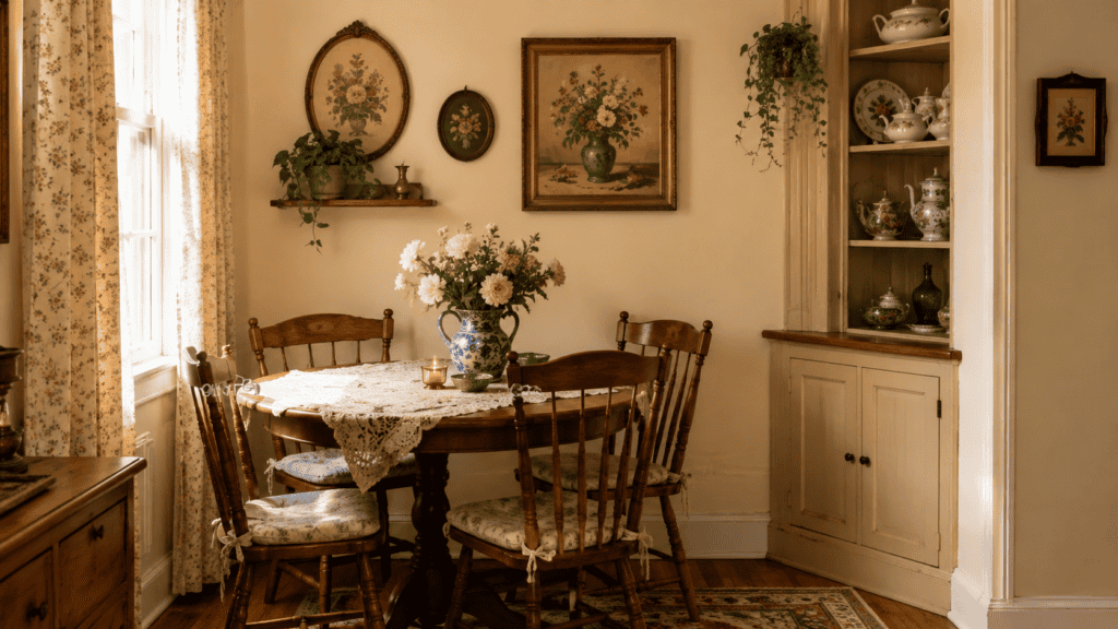 cozy dining corner, compact table, and charming vintage cottage style.