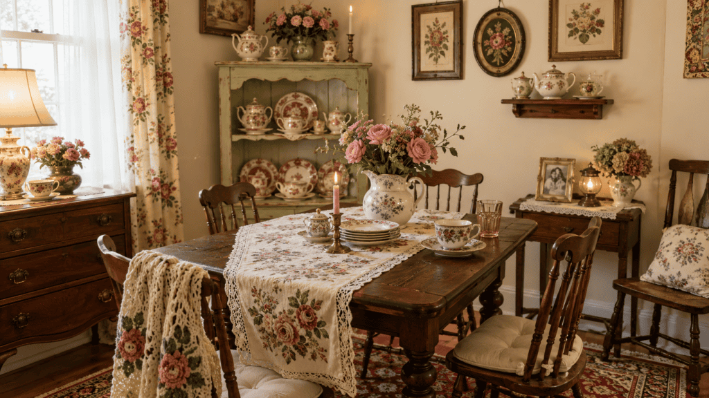 grandmacore details, floral accents, vintage dishes, and cozy collected charm.