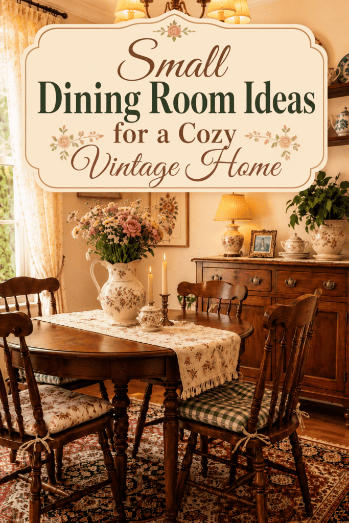 a cozy vintage dining room, floral accents, warm wood, and cottage-style charm.