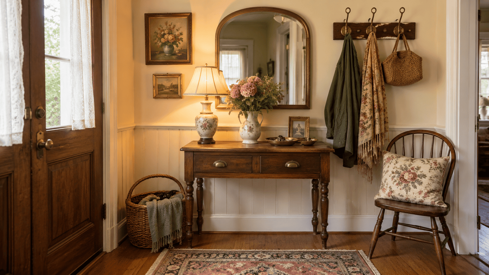 Small entryway ideas with a vintage table, warm lamp, arched mirror, woven basket, hooks, flowers, and a cozy patterned rug.