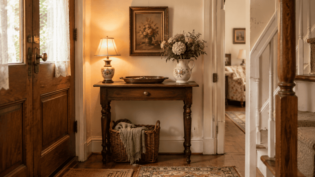 Small entryway ideas with a narrow vintage table, warm lamp, tray, flowers, and framed art in a cozy entry.