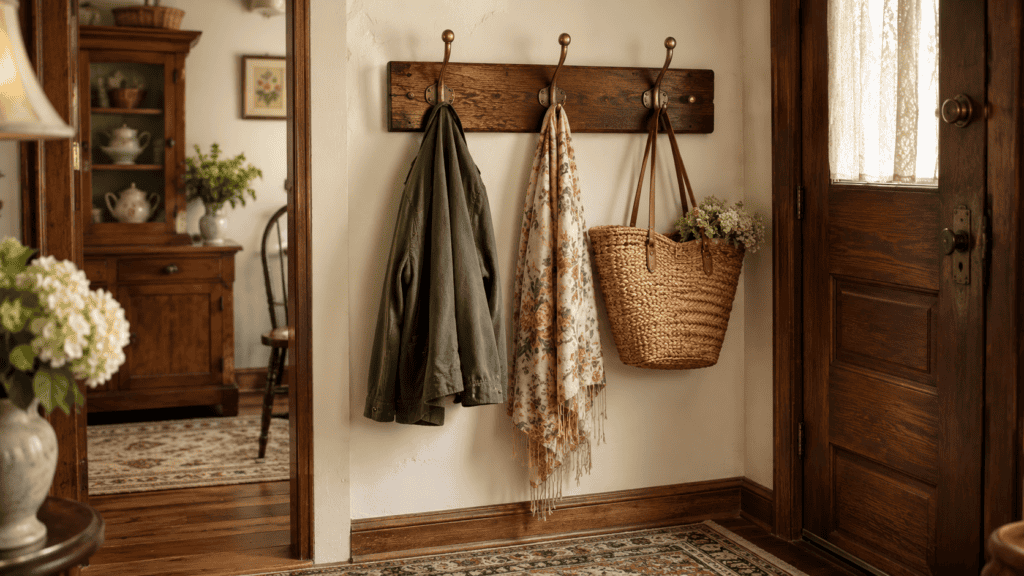 Small entryway ideas with vintage brass hooks, a floral scarf, woven bag, and tidy cottage-style storage.