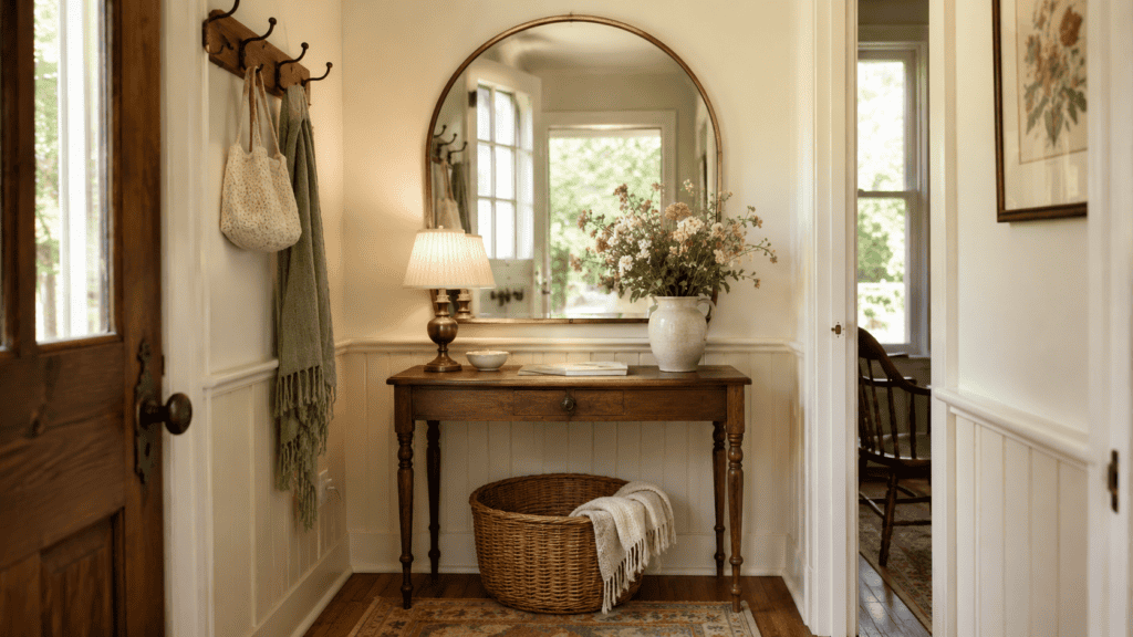 Small entryway ideas with an arched mirror, vintage table, warm lamp, and flowers to brighten a cozy entry.