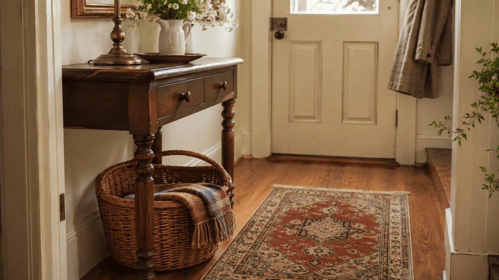 Small entryway ideas with a woven basket, folded textile, vintage table, and cozy patterned rug.