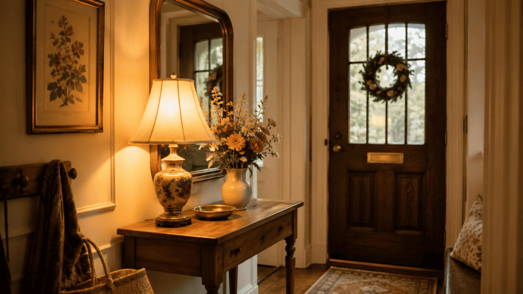 Small entryway ideas with a glowing vintage lamp, wood table, mirror, flowers, and cozy warm lighting.