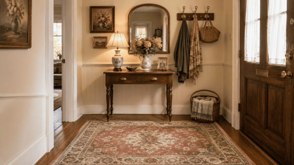 Small entryway ideas with a vintage patterned rug, wood floors, woven basket, and cozy cottage entry decor.