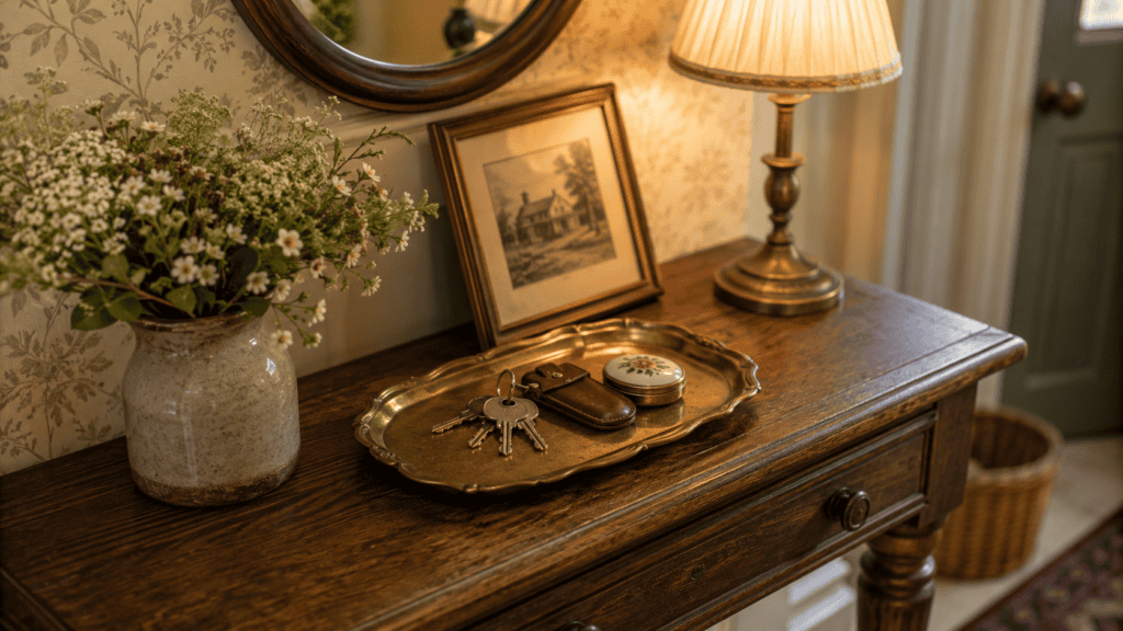 Small entryway ideas with a pretty tray for keys, vintage lamp, framed art, and flowers on a narrow table.