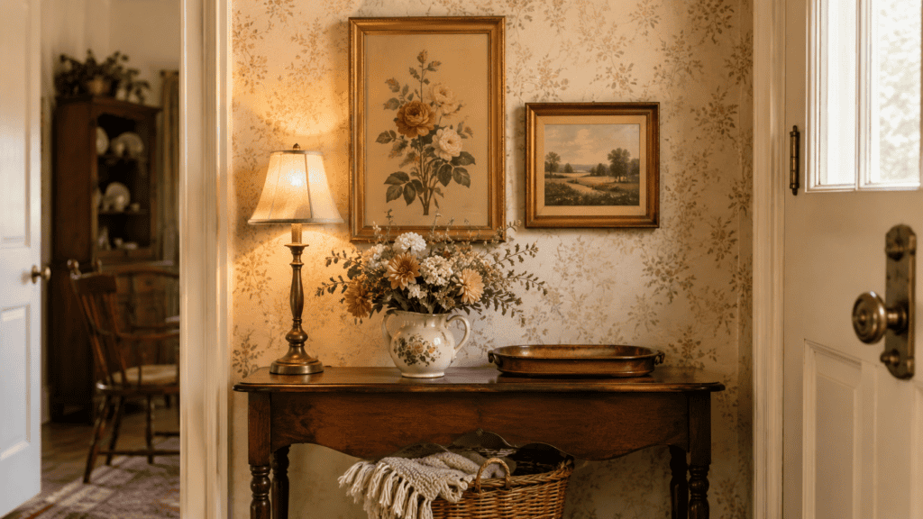 framed vintage art, a narrow wood table, warm lamp, flowers, and cottage charm.