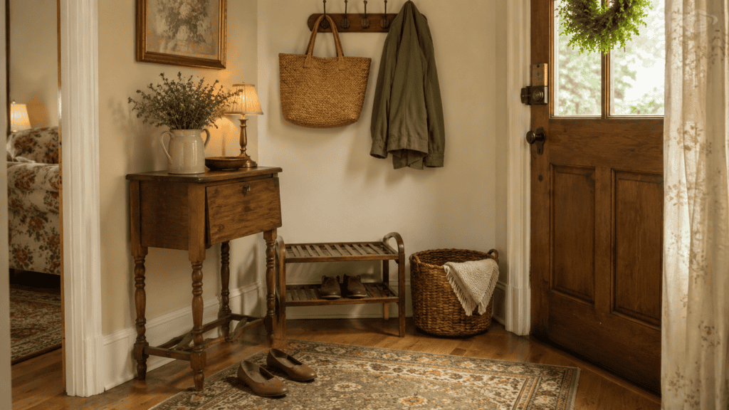 tidy shoe storage, a woven basket, patterned rug, and vintage cottage-style hooks.