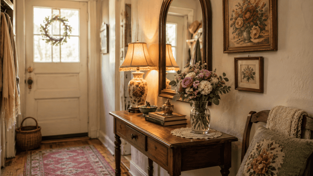 simple vase of flowers, vintage table, warm lamp, mirror, and cottage decor.