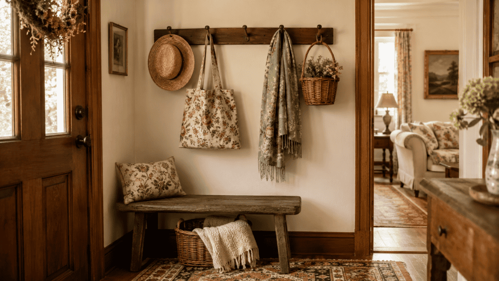 wooden peg rail, floral tote, straw hat, scarf, and cozy cottage-style decor.