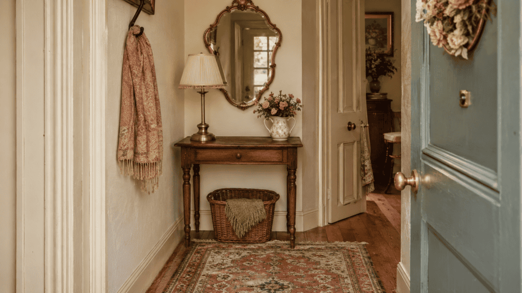 soft vintage colors, cream walls, warm wood, brass accents, flowers, and a patterned rug.