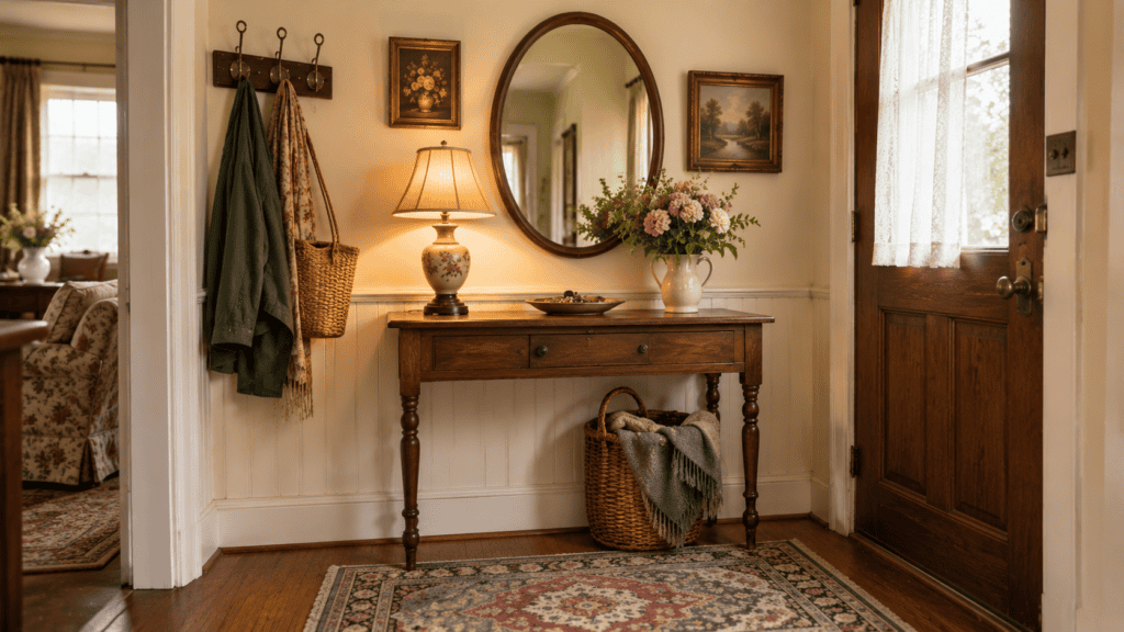 a finished cozy vintage entryway, warm lamp, mirror, hooks, basket, flowers, and patterned rug.