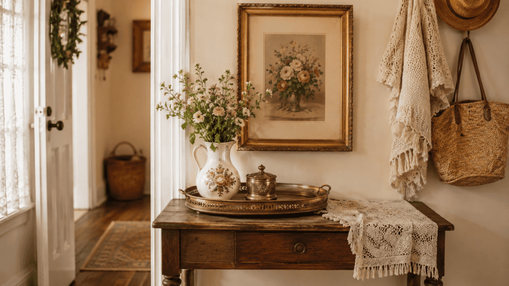 nostalgic vintage detail, narrow wood table, flowers, brass tray, and cozy cottage charm.