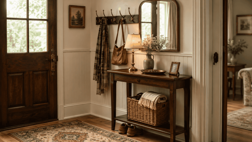 practical vintage storage, hooks, basket, tray for keys, rug, and a narrow entry table.